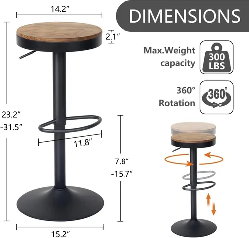 Miniatura 3 de Kidol & Shellder Juego de 2 taburetes de bar negros ajustables giratorios sin espalda, modernos y redondos de madera, sillas de barra de altura sin