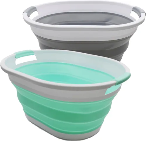 Miniatura 9 de SAMMART Cesta de plástico plegable de 32 L (8.4 galones) - Contenedor/organizador de almacenamiento plegable - Tina de lavado portátil - gris/azul