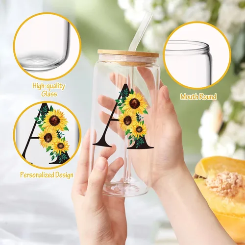 Miniatura 5 de Frerdui Regalos de cumpleaños para mujeres, vasos de vidrio con inicial con tapas y pajitas, regalo de girasol para mujeres, regalo personalizado