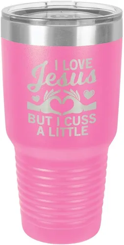 Miniatura 14 de Taza de viaje con texto en inglés "I Love Jessus I CUSS A LITTLE Engraved Tumbler", de acero con recubrimiento de polvo grabado con láser, sin BPA