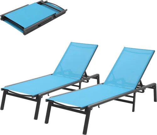 Murago Outdoor Chaise Lounge Chair Set of 2, Foldable Lightweight Patio Lounge Chair with Assembly-Free, 5-Position Adjustable Backrest, Pool Lounge