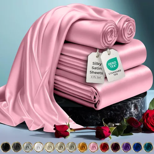 Miniatura 69 de DECOLURE Sábanas de satén para cama - Juego de 6 piezas de ropa de cama de lujo sedosa tamaño King - Más suave que la seda, sin arrugas con sábana