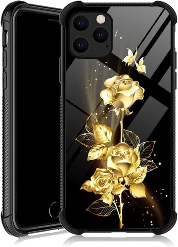 DJSOK Compatible con funda para iPhone 13 Pro Max, fundas doradas de mariposa y rosa para iPhone 13 Pro Max para mujeres y niñas, diseño de patrón