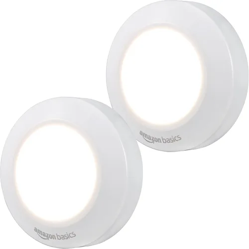 Amazon Basics - Luces LED de disco, operadas por batería, 50 lúmenes, paquete de 2, luz de grifo, luces adhesivas, iluminación debajo del gabinete,