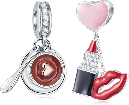 Juego de dijes de San Valentín, colgante de taza de café y abalorios labiales rojos, en plata de ley 925, regalo para noviaesposa