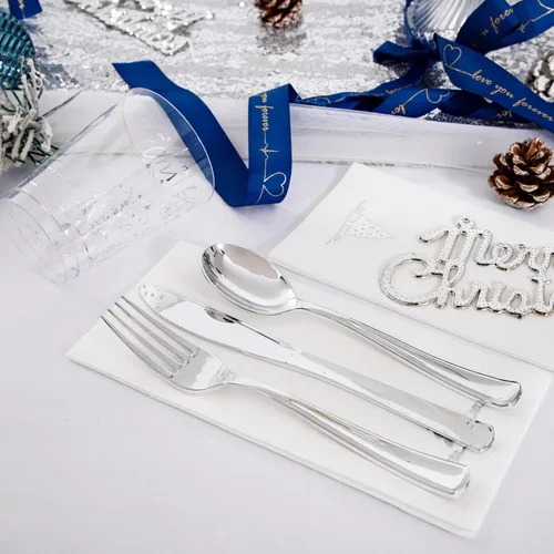 Miniatura 6 de Hioasis 175 piezas de platos de plástico para Navidad - Platos desechables de plástico azul y plateado incluyen 25 platos para cenar, 25 platos