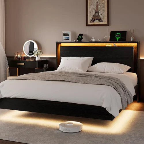 Einhomn Marco de Cama Tamaño Queen con Luces LED y Estación de Carga – Marco de Cama Queen Flotante de Madera para Niños con Cabecera de Negro