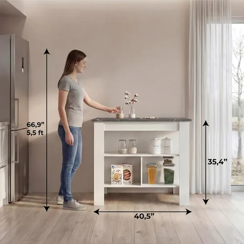Miniatura 4 de Tuhome Cala Isla de cocina con mesa antimicrobiana, tres estantes abiertos, superficie de visualización superior y estación de trabajo de asiento