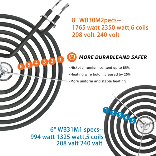 Miniatura 5 de WB30M1 WB30M2 Juego de repuesto de quemadores de estufa eléctrica de 4 paquetes, incluye 2 WB30M1 (6") y 2 WB30M2 (8") - De MIFLUS, compatible