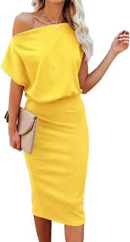 Ezbelle Vestido por debajo de la rodilla, ajustado, para mujer, con hombro descubierto y manga corta, vestido acanalado informal y de fiesta