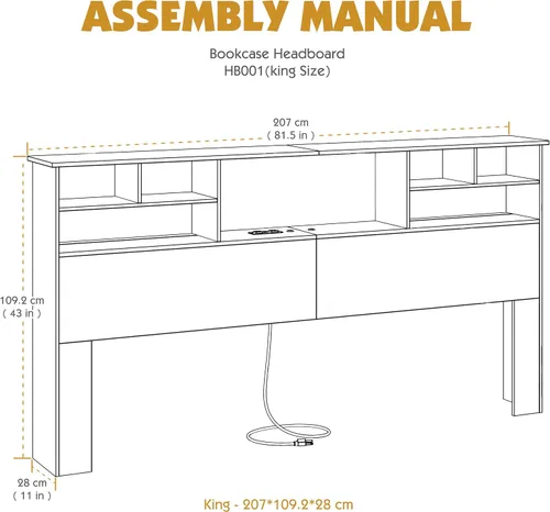 Miniatura 3 de Cabecero tamaño King para dormitorio, elegante cabecero de estantería con estación de carga integrada y 2 luces LED, tablero de madera de ingeniería