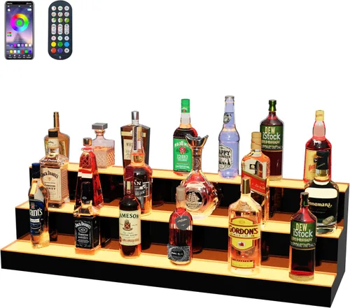 Miniatura 13 de MESAlLUP - Estante de exhibición de botellas de licor iluminado de 2 niveles de 16 pulgadas, estantes de barra LED con aplicación o control remoto