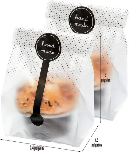 Miniatura 2 de (200 unidades) 100 bolsas de plástico translúcidas/bolsas de panadería con 100 calcomanías hechas a mano para galletas, pasteles, chocolate, dulces