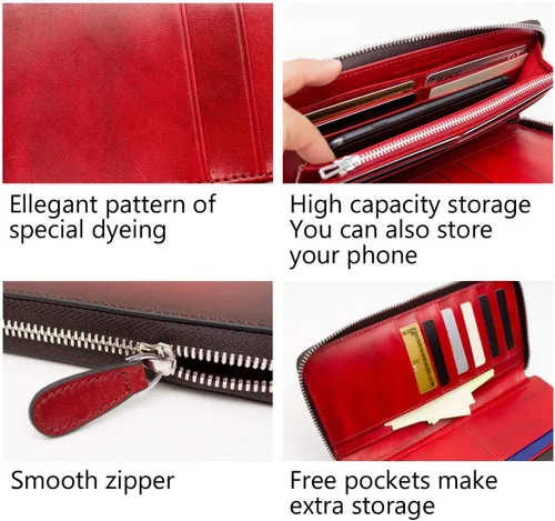 Miniatura 5 de Italy Cartera de cuero italiano de grano completo para mujer Gradation Sunburst de alta capacidad, Rojo