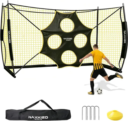 Portería de fútbol, portería de fútbol de 12 x 6 pies para patio trasero, objetivo de precisión y conos de entrenamiento incluidos, base de metal