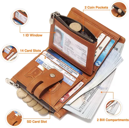 Miniatura 2 de Cartera con cadena, monedero de cuero genuino con bloqueo RFID, doble cremallera, bolsillo para monedas con cadena antirrobo, carteras de cadena a