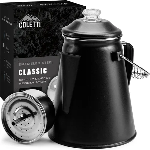 Miniatura 12 de COLETTI Cafetera Percolator clásica: la cafetera de camping más nostálgica, ahora modernizada [esmalte negro, 12 tazas]