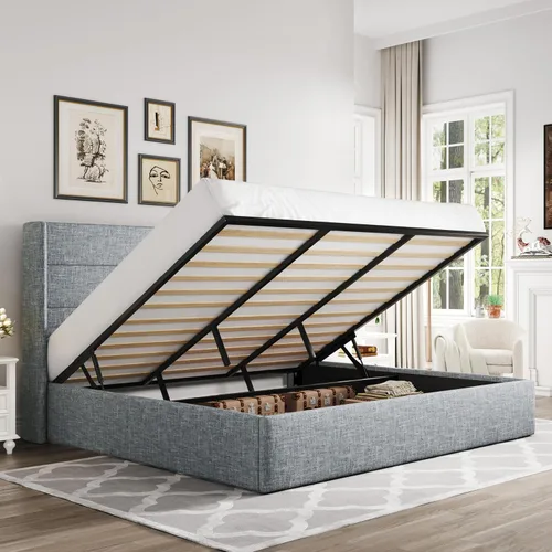 Miniatura 11 de Allewie Cama de Almacenamiento Elevable Tamaño Completo, Cabecero Capitonado con Botones con Respaldo de Ala, Soporte Hidráulico, No Necesita Gris