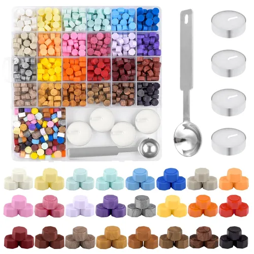 Miniatura 8 de 500 Pcs Cuentas de cera octogonales para sellado, cuentas de cera negras con 4 velas de té y 1 cuchara para derretir cera para manualidades, cartas