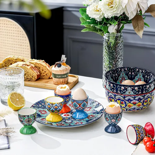 Miniatura 7 de HENXFEN LEAD Juego de 6 vasos de cerámica boho para huevos coloridos para huevos duros y suaves, aptos para microondas y lavavajillas, perfectos