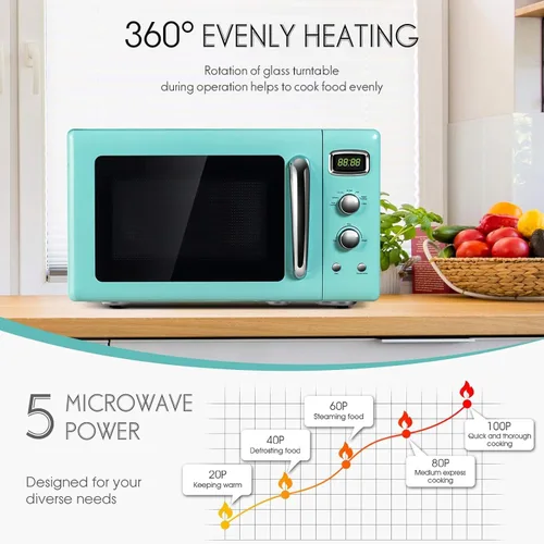 Miniatura 2 de GOFLAME Horno microondas grande de 0.9 pies cúbicos, microondas retro de 900 vatios con bloqueo de seguridad para niños, función de descongelación
