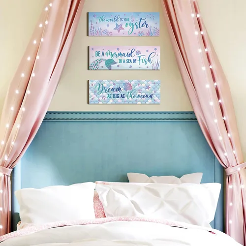 Miniatura 7 de Yerliker 3 piezas de decoración de pared de sirena con tema oceánico de madera para niña, placa temática del mar, decoración motivacional, cola