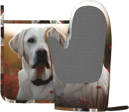 Miniatura 3 de Juego de guantes de horno y soportes para ollas con estampado de labrador blanco, resistentes al calor, antideslizantes, guantes de horno