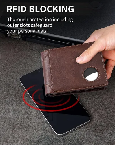 Miniatura 43 de Swallowmall AirTag Billetera para hombre con bloqueo RFID, de piel auténtica, plegable, para AirTag con 1 ventana de identificación, 13 tarjeteros