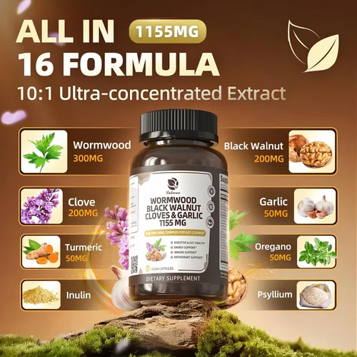 Miniatura 2 de Lukaree Cápsulas de Limpieza de Clavo de Ajenjo y Nuez Negra 16 en 1 para Humanos – Desintoxicación Natural del Intestino y Salud Digestiva