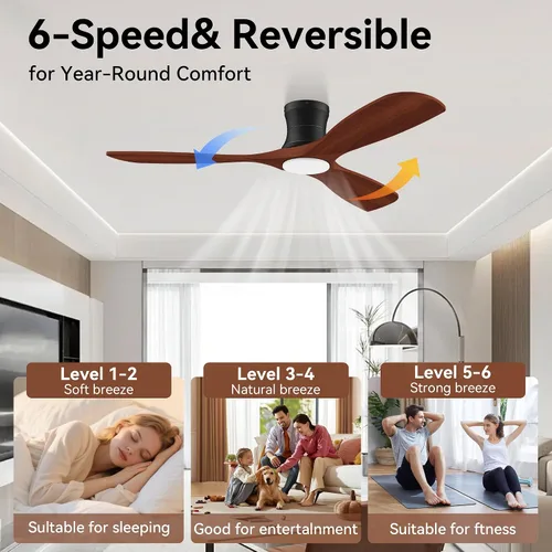 Miniatura 3 de Ventiladores de techo inteligentes de perfil bajo de 52 pulgadas con luces y control remoto, 3 aspas de madera, motor de CC silencioso, ventilador