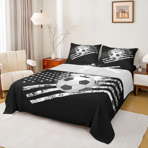 Miniatura 2 de Juego de sábanas de fútbol tamaño individual para niños y niñas, juego de sábanas de bandera estadounidense, juego de ropa de cama con bandera