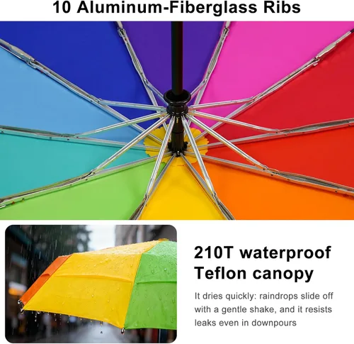 Miniatura 4 de Lejorain Paraguas grande de golf resistente al viento, 54 pulgadas, doble capa, arco iris, 10 varillas, paraguas plegable de viaje, compacto, cierre