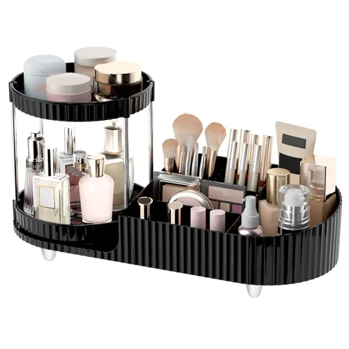 Miniatura 9 de Organizador de maquillaje giratorio para tocador, 2 bandejas de perfume con 5 compartimentos, almacenamiento de cosméticos y cuidado de la piel
