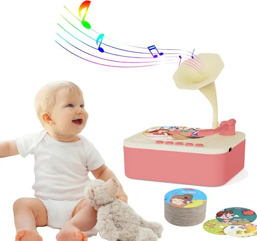 Fonógrafo para niños con 96 tarjetas, reproductor de música de cuentos para niños de 3 a 6 años, juguete sensorial musical para niños y niñas, Rosa