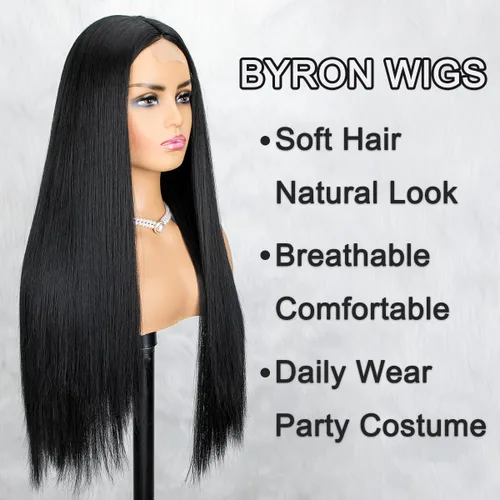 Miniatura 4 de BYRON Peluca negra natural para mujer, pelucas largas y lacias, peluca de encaje frontal con raya en medio, peluca de cabello Remy suave y sedoso