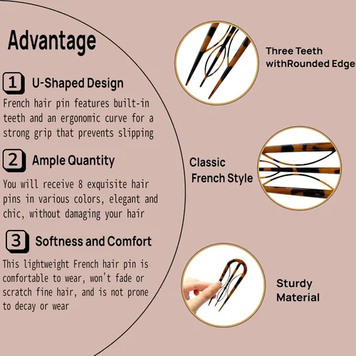 Miniatura 3 de 8 horquillas francesas para mujer, diseño de dientes interiores, grandes en forma de U, horquillas para el pelo para moños, rizos franceses