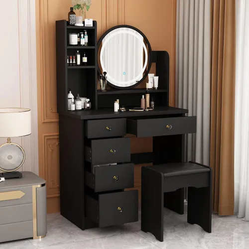 Miniatura 8 de Escritorio de tocador con espejo y luces, tocador de maquillaje con luces y cajones, tocador con espejo y estantes, taburete acolchado, rosa 31.5