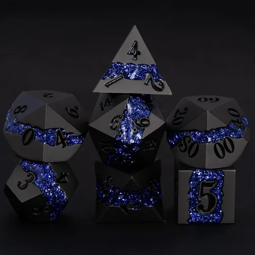 Miniatura 19 de Dados poliédricos DND de metal, juego de dados metálicos con purpurina a rayas grandes, juego de 7 dados plateados antiguos para juegos de rol