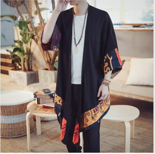Miniatura 2 de HZCX FASHION Chaqueta tipo kimono larga de lino y algodón para hombre
