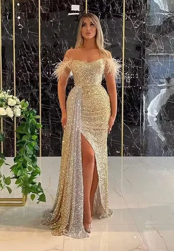 Miniatura 7 de Vestidos de fiesta de lentejuelas con hombros descubiertos, vestido formal de sirena brillante, vestido largo de fiesta de noche con abertura