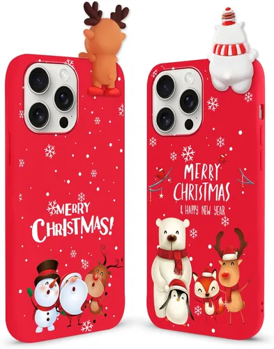 Miniatura 31 de Paquete de 2 fundas navideñas lindas para iPhone 13 Pro, patrón rojo 3D de muñeco Papá Noel muñeco de nieve Feliz Navidad de silicona suave TPU