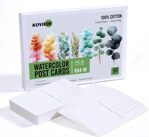 KOVIEDE 50 hojas de postales de acuarela de 4 x 6, 140 libras/10.58 oz/m², 100% algodón, tarjetas de papel de color de agua, suministros de arte,