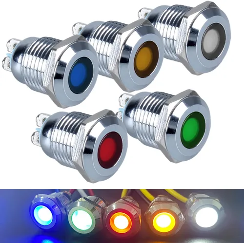 5pcs 0.472 in 12V-24V 15mA indicador LED de ahorro de energía impermeable IP67 luz de señal de metal piloto Dash lámpara de 0.47 pulgadas agujero de