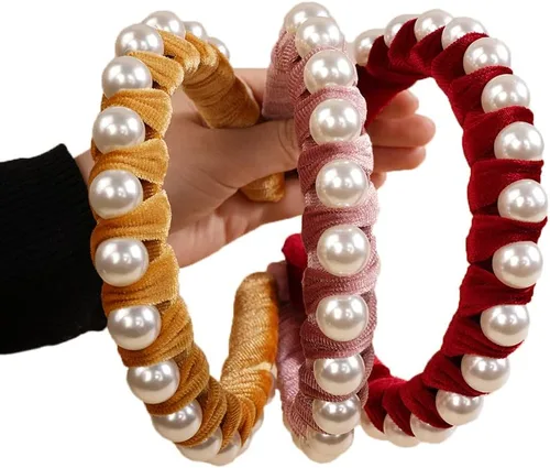 Miniatura 6 de Wiwpar Diademas de perlas de terciopelo para el pelo con perlas, elegante diadema de perlas antideslizantes, accesorios de moda para el cabello