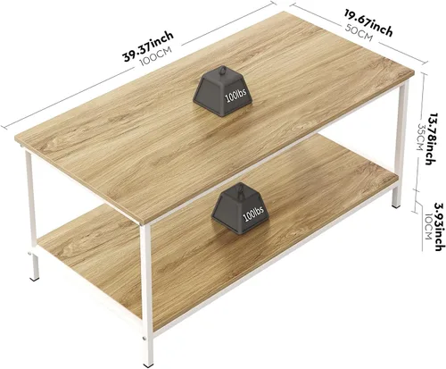 Miniatura 3 de SAYGOER Mesa de centro con almacenamiento de 2 niveles, mesa central industrial para sala de estar, mesa de madera rectangular para espacios Beige