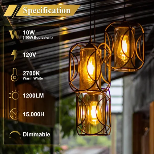 Miniatura 2 de DiCUNO Bombillas Edison regulables equivalentes a 100 W, bombilla LED Edison, blanco cálido 2700 K, 10 W, 1200 lm, filamento vintage ST64 para baño
