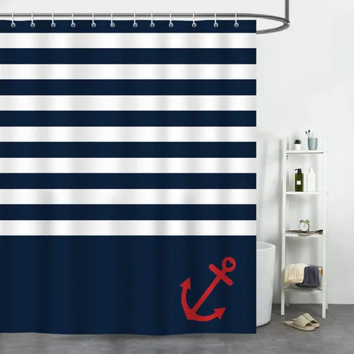 Miniatura 8 de Bonhause Cortina de ducha con ancla náutica, cortina de baño geométrica azul marino, 72 x 72 pulgadas, tela de poliéster, cortina de baño