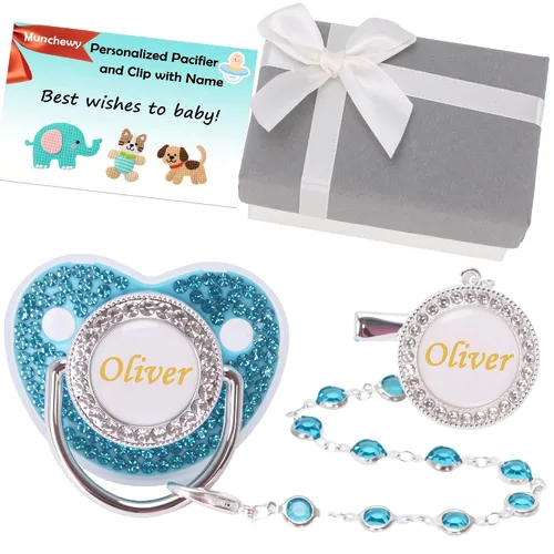 Miniatura 8 de Chupete personalizado con nombre, juego de clip para chupete dorado brillante con caja de regalo, tarjeta de felicitación, lujoso chupete de cristal