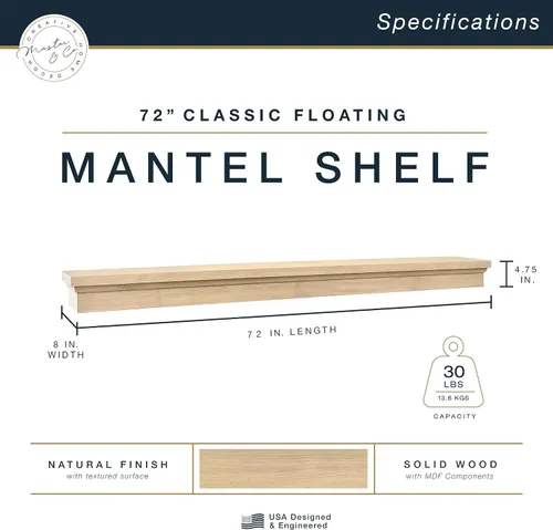 Miniatura 2 de MCS Repisa de 72 Pulgadas, Chimenea Flotante de Madera Maciza con Acabado de Veta Natural de Master & Co, Repisa Flotante Larga para Sala de Estar