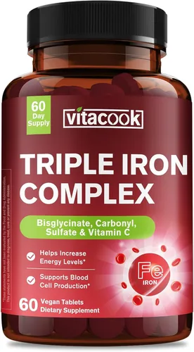 Suplemento de hierro Vitacook para mujeres y hombres, píldoras de hierro 3-en-1 de 65 mg, bisglicinato, sulfato, hierro carbonilo con vitamina C,
